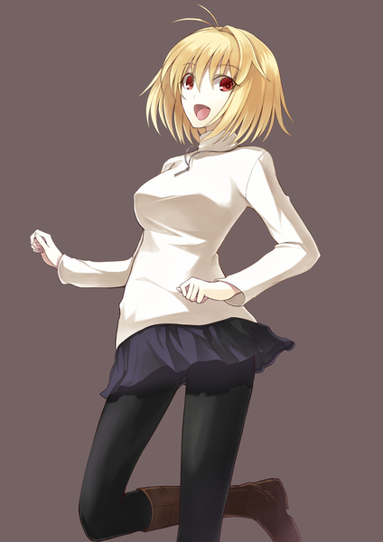 Anime picture 1200x1696 with shingetsutan tsukihime tsukihime (remake) type-moon arcueid brunestud kauto single tall image looking at viewer blush short hair breasts simple background blonde hair smile red eyes ahoge :d grey background happy girl