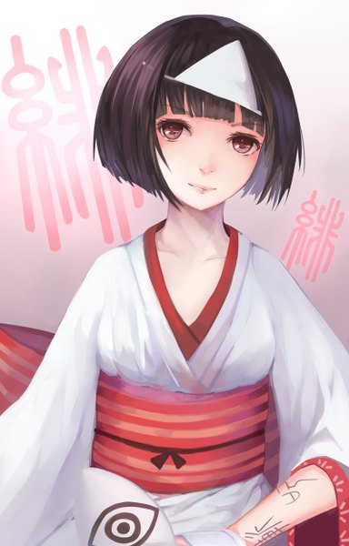 Anime picture 1600x2500 with noragami studio bones nora (noragami) .l.l single tall image looking at viewer short hair black hair red eyes traditional clothes japanese clothes body writing girl kimono obi triangular headpiece