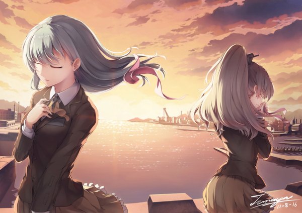 Anime picture 3000x2120 with kantai collection suzuya heavy cruiser kumano heavy cruiser hun you long hair fringe highres breasts hair between eyes brown hair multiple girls holding signed sky cloud (clouds) ponytail eyes closed pleated skirt wind sunlight