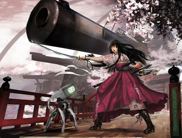 Anime picture 1500x1135 with vanipo (artist) long hair black hair sky japanese clothes black eyes high heels cherry blossoms > < girl weapon sword boots katana gun hakama