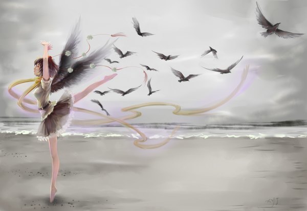 Anime picture 1600x1100 with touhou shameimaru aya a luo single short hair black hair red eyes full body barefoot ballet flock girl dress hat animal wings sea bird (birds)