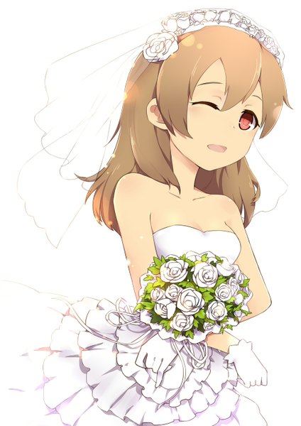 Anime picture 1000x1414 with sword art online a-1 pictures silica single long hair tall image simple background red eyes brown hair white background one eye closed wink girl dress gloves flower (flowers) wedding dress