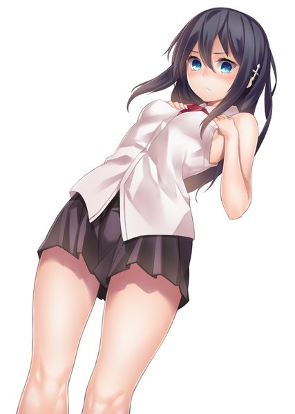 Anime picture 712x1000 with original ray-akila single long hair tall image looking at viewer blush blue eyes black hair simple background white background bare shoulders girl skirt
