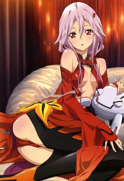 Anime picture 4083x5941 with guilty crown production i.g megami magazine yuzuriha inori fyu-neru kikuchi satonobu single long hair tall image highres light erotic red eyes pink hair absurdres official art body blush center opening girl gloves detached sleeves