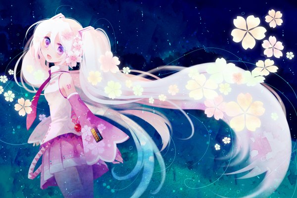 Anime picture 1500x1000 with vocaloid hatsune miku sakura miku single long hair purple eyes twintails bare shoulders pink hair looking back blue background girl skirt flower (flowers) detached sleeves shirt necktie pink skirt