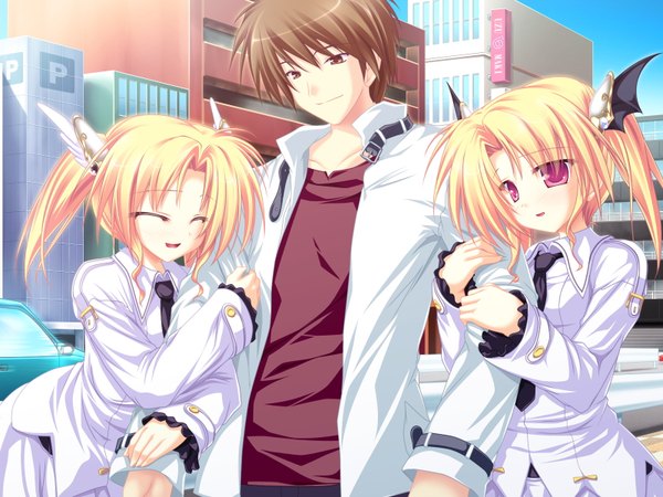 Anime picture 1600x1200 with magus tale whirlpool (studio) nina geminis rena geminis amagase daiki tenmaso blush short hair open mouth blonde hair smile brown hair twintails multiple girls brown eyes game cg eyes closed pink eyes hug city