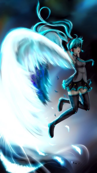 Anime picture 2160x3840 with vocaloid hatsune miku asahi kuroi single long hair tall image blush highres open mouth signed bent knee (knees) aqua eyes wind blurry aqua hair arms up armpit (armpits) dark background angel wings jumping