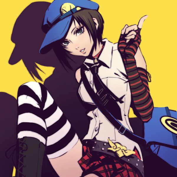 Anime picture 1024x1024 with persona persona 4 golden marie (persona 4) ilya kuvshinov single looking at viewer short hair breasts blue eyes black hair bent knee (knees) lips shadow lacing girl skirt miniskirt shirt necktie boots