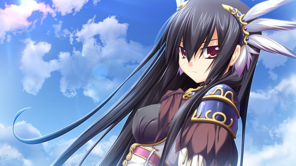 Anime picture 1024x576 with kamidori alchemy meister yuela long hair black hair red eyes wide image game cg cloud (clouds) girl
