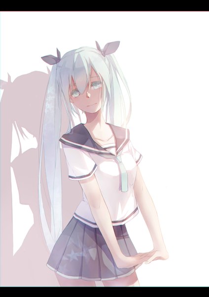 Anime picture 2480x3507 with vocaloid hatsune miku momozi (mkingnight) single long hair tall image looking at viewer blush highres simple background white background twintails aqua eyes sunlight aqua hair letterboxed girl skirt uniform ribbon (ribbons)