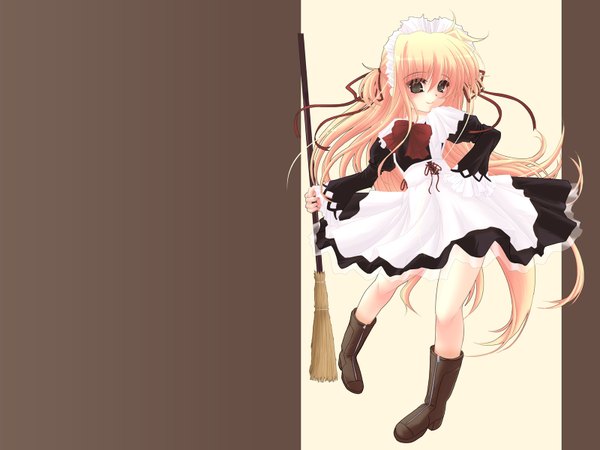 Anime picture 1600x1200 with mahou shoujo lyrical nanoha arisa bannings single looking at viewer fringe blonde hair smile hair between eyes standing brown eyes full body long sleeves very long hair maid two side up legs hand on hip girl dress uniform