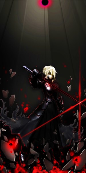 Anime picture 1359x2715 with fate (series) fate/stay night fate/unlimited codes studio deen type-moon artoria pendragon (all) saber alter single tall image fringe blonde hair standing holding yellow eyes glowing girl dress gloves weapon sword