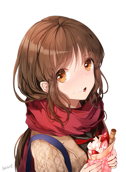 Anime picture 700x951 with original emyo e myo long hair tall image looking at viewer fringe open mouth simple background brown hair white background holding brown eyes signed :o food on face girl food sweets scarf