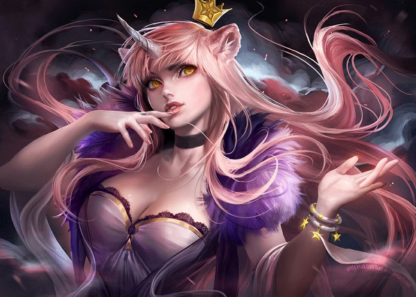 Anime picture 1100x787 with original sakimichan single fringe animal ears yellow eyes pink hair cloud (clouds) very long hair horn (horns) realistic looking up girl bracelet star (symbol) fur jewelry ring crown