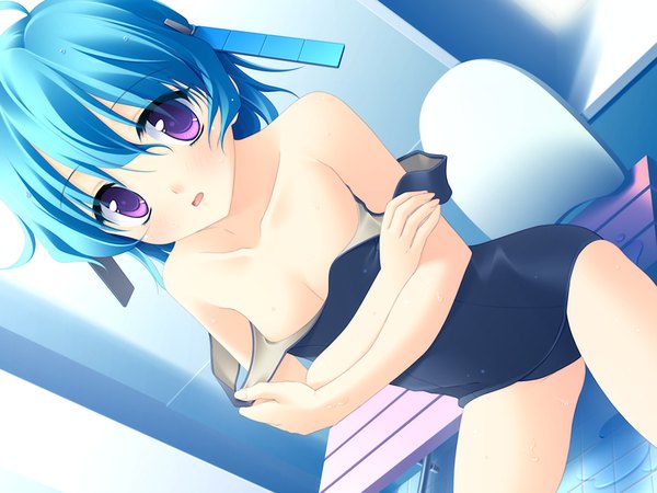 Anime picture 1200x900 with fairy life (game) light erotic purple eyes blue hair game cg girl swimsuit one-piece swimsuit school swimsuit