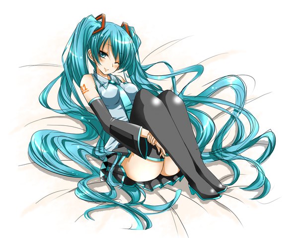 Anime picture 2000x1600 with vocaloid hatsune miku highres simple background smile twintails very long hair one eye closed aqua eyes wink aqua hair girl skirt detached sleeves miniskirt necktie thigh boots