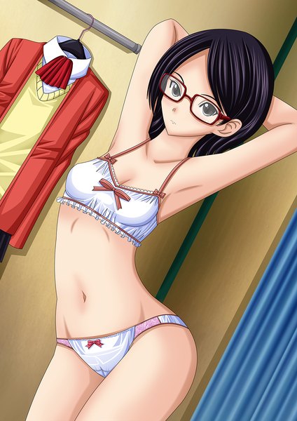 Anime picture 905x1280 with naruto studio pierrot naruto (series) uchiha sarada artemisumi single tall image looking at viewer short hair light erotic black hair indoors black eyes bare belly underwear only groin arms behind head arched back dressing room girl