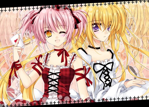 Anime picture 1500x1080 with shugo chara! hinamori amu hoshina utau blonde hair purple eyes multiple girls yellow eyes pink hair girl ribbon (ribbons) 2 girls card (cards)