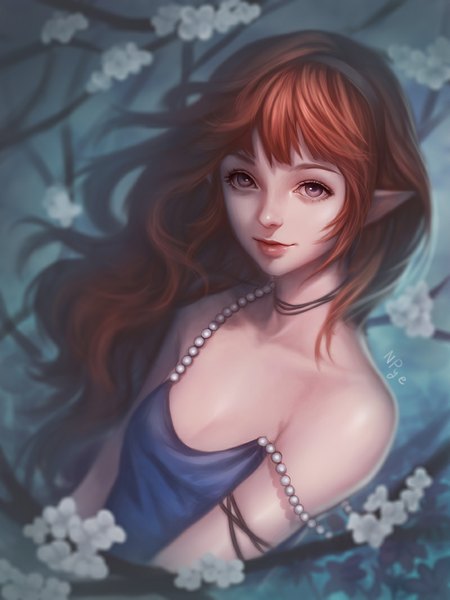 Anime picture 800x1067 with naranavy single long hair tall image looking at viewer fringe bare shoulders signed red hair pink eyes lips pointy ears wavy hair girl flower (flowers) choker hairband branch beads