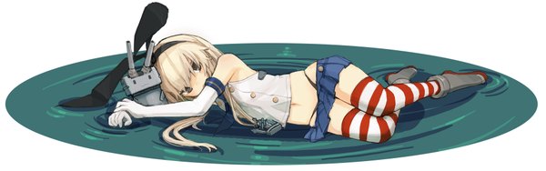 Anime picture 1863x586 with kantai collection shimakaze destroyer bee (deadflow) long hair looking at viewer blonde hair wide image lying grey eyes zettai ryouiki girl thighhighs skirt gloves navel hair ornament underwear panties ribbon (ribbons) hair ribbon