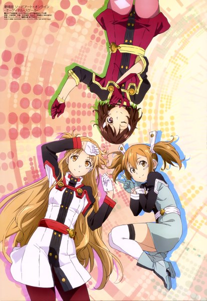 Anime picture 4082x5923 with sword art online a-1 pictures megami magazine yuuki asuna silica lisbeth long hair tall image highres short hair blonde hair smile brown hair twintails multiple girls brown eyes absurdres one eye closed wink official art