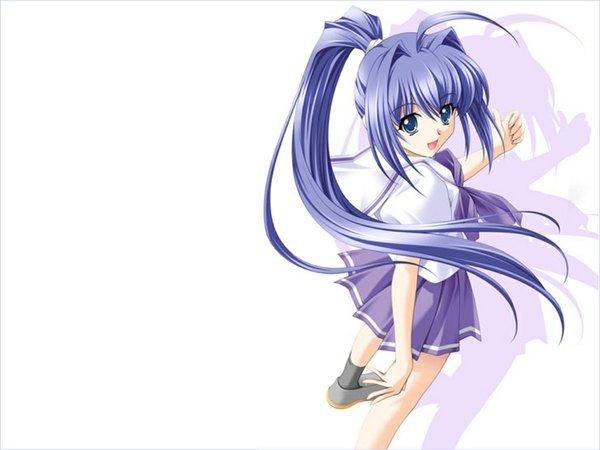 Anime picture 1024x768 with kimi ga nozomu eien hayase mitsuki single long hair looking at viewer open mouth blue eyes simple background white background blue hair ponytail pleated skirt from above girl skirt uniform socks serafuku shoes black socks