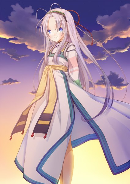 Anime picture 1074x1517 with mamotte shugogetten! shugogetten shaolin nana mikoto single long hair tall image looking at viewer blush blue eyes smile sky silver hair purple hair cloud (clouds) ahoge evening sunset hands behind back girl earrings