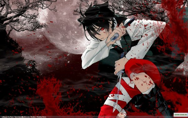Anime picture 1440x900 with monochrome factor tagme (character) red eyes wide image boy weapon boots moon blood knife