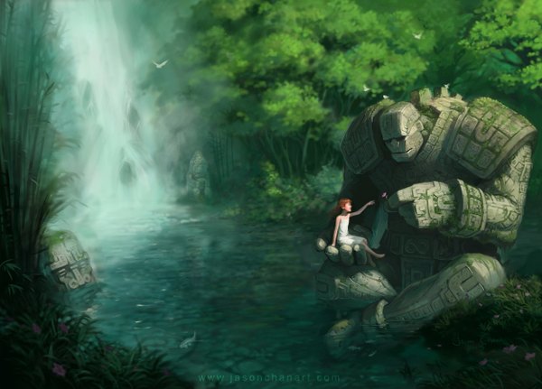 Anime picture 1250x898 with original golem jason chan sitting waterfall girl flower (flowers) plant (plants) animal tree (trees) water bird (birds) sundress forest