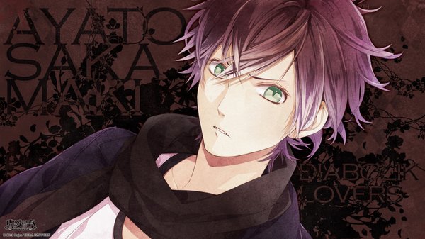 Anime picture 1920x1080 with diabolik lovers idea factory sakamaki ayato single looking at viewer highres short hair wide image green eyes purple hair boy scarf