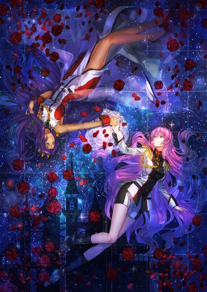 Anime picture 1033x1459 with revolutionary girl utena j.c. staff tenjou utena himemiya anthy ryuuzaki ichi long hair tall image blue eyes smile bare shoulders multiple girls green eyes pink hair purple hair dark skin holding hands shoujo ai girl dress uniform