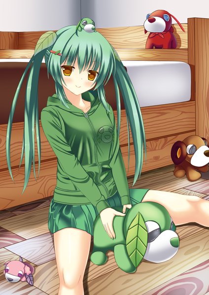 Anime picture 1100x1556 with original komori413 single long hair tall image looking at viewer blush smile sitting twintails brown eyes green hair girl skirt hair ornament toy stuffed animal