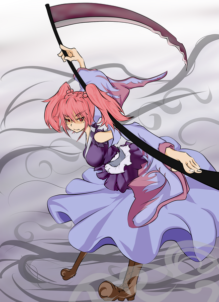 Anime picture 1497x2062 with touhou onozuka komachi tall image red eyes twintails pink hair girl dress boots scythe