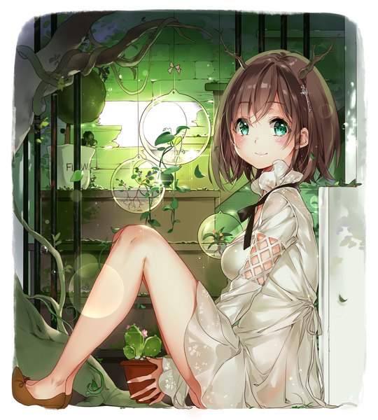 Anime picture 2000x2221 with original hoshii hisa single tall image looking at viewer blush fringe highres short hair breasts light erotic smile brown hair sitting holding green eyes full body indoors long sleeves horn (horns)