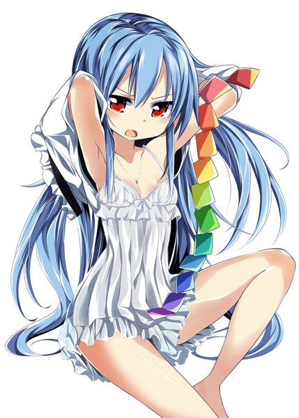 Anime picture 1110x1553 with touhou hinanawi tenshi matsuri uta single long hair tall image open mouth simple background red eyes white background blue hair girl sundress