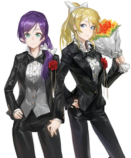 Anime picture 800x962 with love live! school idol project sunrise (studio) love live! toujou nozomi ayase eli modare single long hair tall image looking at viewer fringe blue eyes simple background blonde hair smile white background purple hair aqua eyes girl flower (flowers)