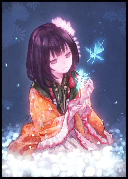 Anime picture 893x1253 with touhou cirno daiyousei hieda no akyuu kiran tall image fringe short hair smile sitting purple eyes purple hair long sleeves traditional clothes hair flower wide sleeves floral print fantasy fairy girl