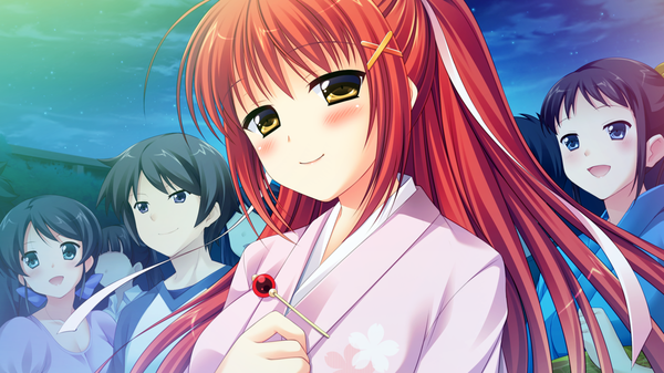 Anime picture 1280x720 with natsu koi high pressure nanase hikari ayamisiro long hair looking at viewer blush smile wide image brown eyes game cg cloud (clouds) ponytail red hair traditional clothes japanese clothes night night sky hand on chest no face girl