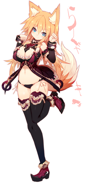 Anime picture 695x1500 with original mamuru single long hair tall image looking at viewer blush fringe breasts blue eyes light erotic blonde hair simple background white background animal ears cleavage tail animal tail fox ears fox tail