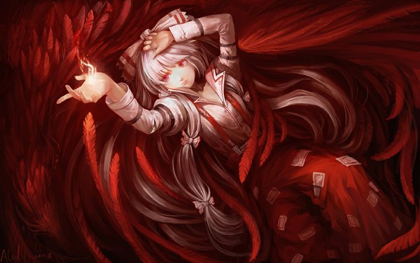 Anime picture 1046x654 with touhou fujiwara no mokou alcd single long hair red eyes wide image white hair girl bow hair bow feather (feathers) fire