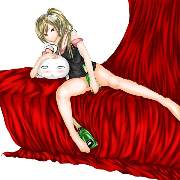 Anime picture 1000x1000 with original ayase tamaki single long hair looking at viewer light erotic blonde hair red eyes ponytail legs side ponytail girl bottle