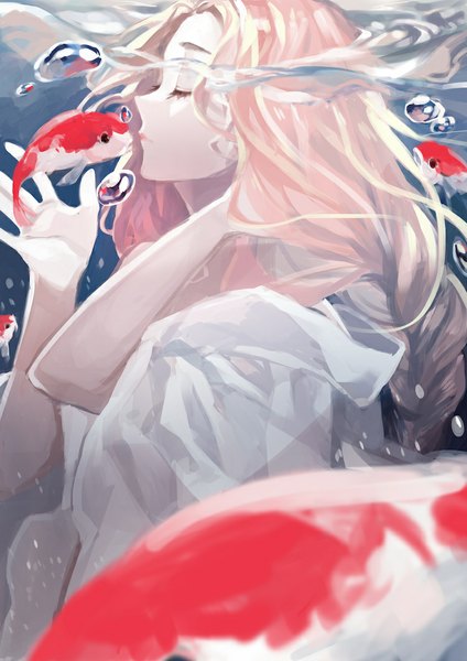 Anime picture 750x1061 with original mirror (mira) single long hair tall image blonde hair upper body braid (braids) eyes closed profile lips wide sleeves short sleeves single braid adjusting hair eyebrows underwater almost kiss swimming girl