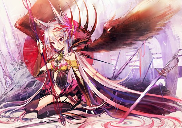 Anime picture 1100x777 with original akabane (zebrasmise) red eyes bare shoulders animal ears very long hair multicolored hair horn (horns) girl thighhighs hair ornament weapon black thighhighs sword wings jewelry dragon