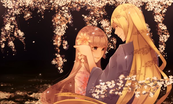 Anime picture 2480x1500 with original persona92 (orichie) long hair highres smile brown hair wide image purple eyes japanese clothes profile hair flower orange hair cherry blossoms girl boy hair ornament kimono