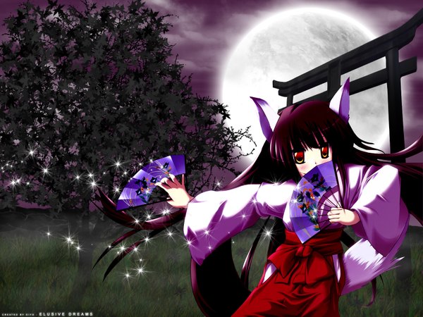 Anime picture 1600x1200 with original safi (artist) diyo single long hair looking at viewer blush fringe black hair red eyes brown eyes signed sky cloud (clouds) outdoors tail blunt bangs traditional clothes japanese clothes animal tail