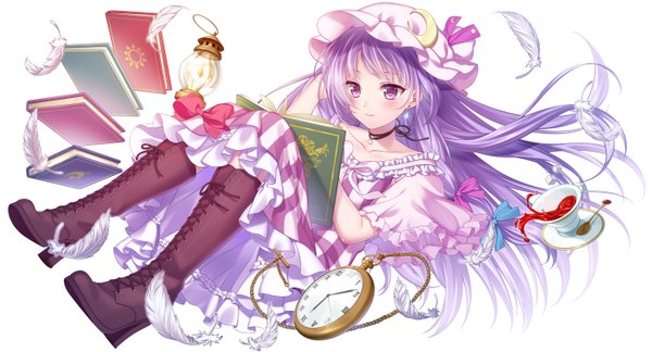 Anime picture 1450x784 with touhou patchouli knowledge fujiwara miya single long hair blush simple background wide image white background purple eyes looking away purple hair full body wind girl dress bow boots book (books) feather (feathers)