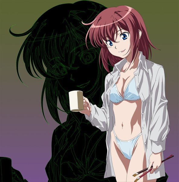 Anime picture 1625x1648 with mushiuta tachibana rina ruroo tall image blue eyes light erotic simple background ahoge open clothes open shirt zoom layer girl underwear panties cup