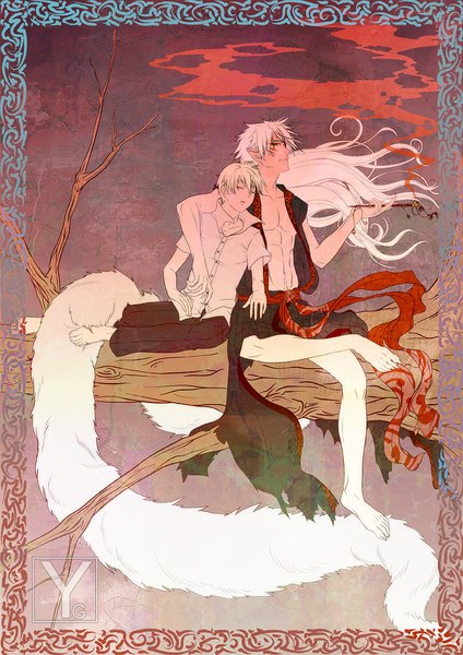 Anime picture 707x1000 with natsume yuujinchou brains base (studio) natsume takashi madara (nyanko-sensei) yana goya (artist) long hair tall image short hair blonde hair sitting white hair tail eyes closed very long hair traditional clothes japanese clothes animal tail profile barefoot fingernails