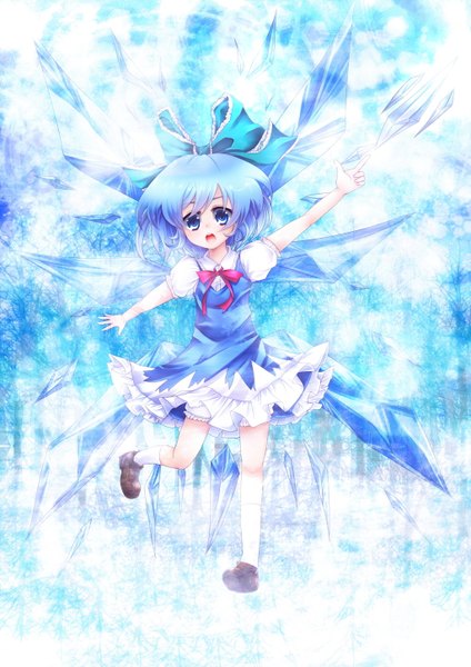 Anime picture 1024x1448 with touhou cirno tomcho (artist) single tall image short hair open mouth blue eyes blue hair loli girl dress bow hair bow wings