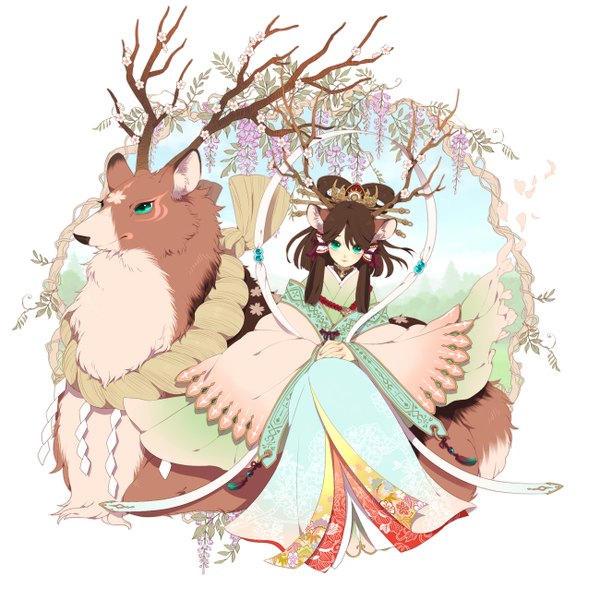 Anime picture 1300x1300 with original pixiv fantasia ni02 (asahi nini) long hair looking at viewer black hair simple background white background green eyes animal ears traditional clothes japanese clothes horn (horns) cherry blossoms girl hair ornament flower (flowers) animal kimono wisteria